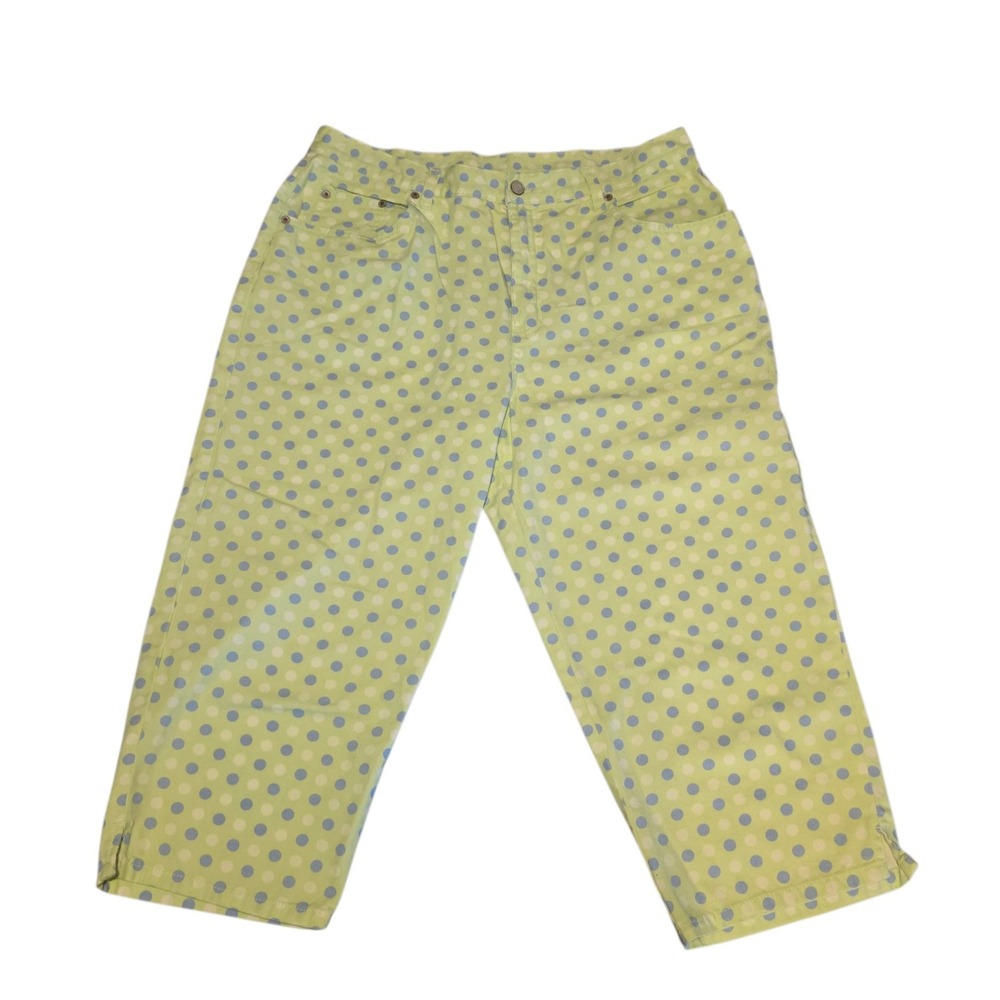Bill Blass Petite Polka Dot Cropped Pants Lime Green Blue Cotton Denim Size 16P